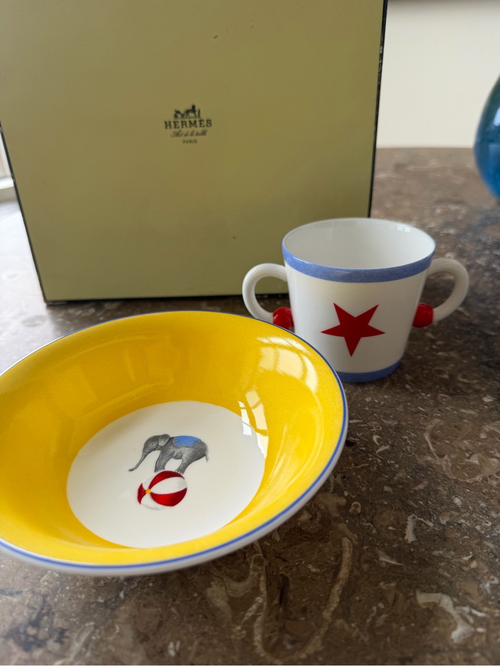 Hermes authentic vintage Circus Porcelain Set in Blue and Yellow